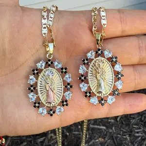 La Santa Muerte Beautiful Gold-Plated Necklace with Hearts Chain 18" 22" 24" Inches Elegant Meaningful Jewelry Protection Good Luck Symbol