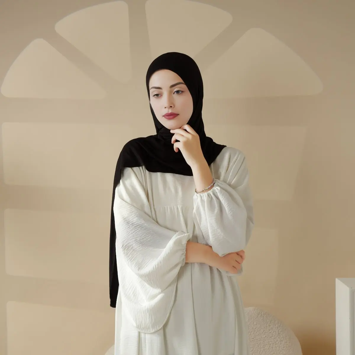 Solid Color Jersey Hijab With Tube Cap (MH038) - Natural-Looking, Neck, Neutral-Colored, Comfortable, Draping Head Scarf, Casual Trendy Long Wrap, Formal Modern Modesty Accessory, Natural-Looking Head Scarves, Neck Head Scarves
