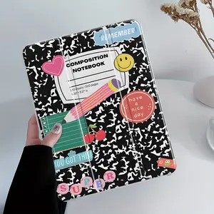 90s Retro School iPad Case with Stand and Pencil Slot,Composition Notebook & Cherry Design  Clear Acrylic Hard Back for iPad 10.2inch 2019/2021, iPad Mini, Pro, Air, Lightweight Scratch-Resistant Design Perfect for School and Home Use