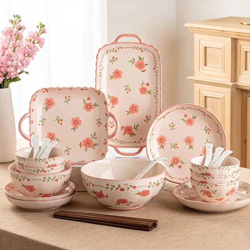 Aesthetic 36-48 Piece Pink Peach Blossom Ceramic Tableware Sets, Dinnerware Sets for Spring, Microwave-Safe, Dishwasher-Washable
