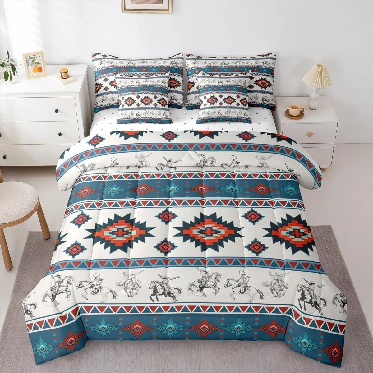 Western Cowboy Comforter Set with Sheets 7 Piece Southwestern Aztec Pattern Bed in a Bag Kids Boys Girls Horse Riding Design Bedding Set Ranch Farmhouse Bedroom Decor Teal and Red