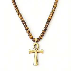 Stone Beaded Necklace, Tiger Eye Beaded Necklace Natural Stone Chain Gold Cross Necklace Natural Stone Tiger Eye  Necklace Unisex Cross Pendant Jewelry Handmade Craft Regular Chain Design