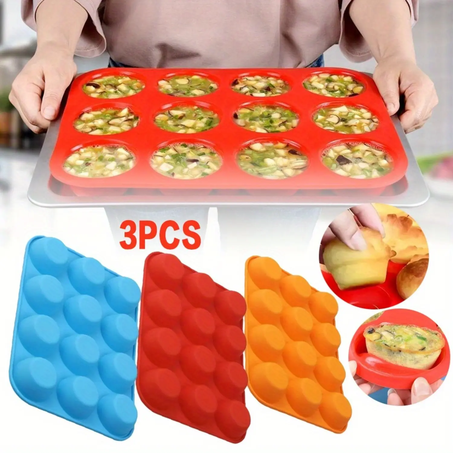 3 Pcs Food-Grade Silicone 12-Cup Muffin Pans - Flexible, Nonstick Cupcake Pans for Egg Baking, Dish-Safe Home & Party Supplies Baking Molds