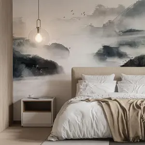 Chinese Mountain and Sea Pattern Wallpaper, 6 Counts/set Removable Self Adhesive Wall Decal, Wall Art Decor for Living Room Bedroom Home Decor