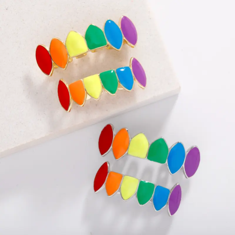 Hip Hop Rainbow Teeth Grillz, Unisex Copper and Silver Upper and Lower Set with Shiny Colors, Personality Mouth Jewelry, Braces, Upper/Lower Sets, Casual, Colorful Array Of Shiny Colors, Two Pieces, Everyday Use