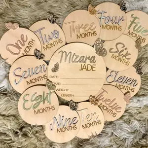 3d laser engraved Monthly Milestone,Wooden & acrylic Monthly Milestone Photo prop disks Announcement Cards, Journey Milestone Markers, 12 Circles incl. Announcement Sign  Boy and Girl  Sets available