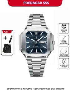 Poedagar Luxury Fashion Men's Waterproof Quartz Watch with Luminous Date Display, Fashionable Watch, Casual Stainless Steel Square Men's Quartz Watch, Suitable for Daily Wear and Preferred Gift Giving, Modern Fashionable Wristwatch, Square Dial Wristwatch