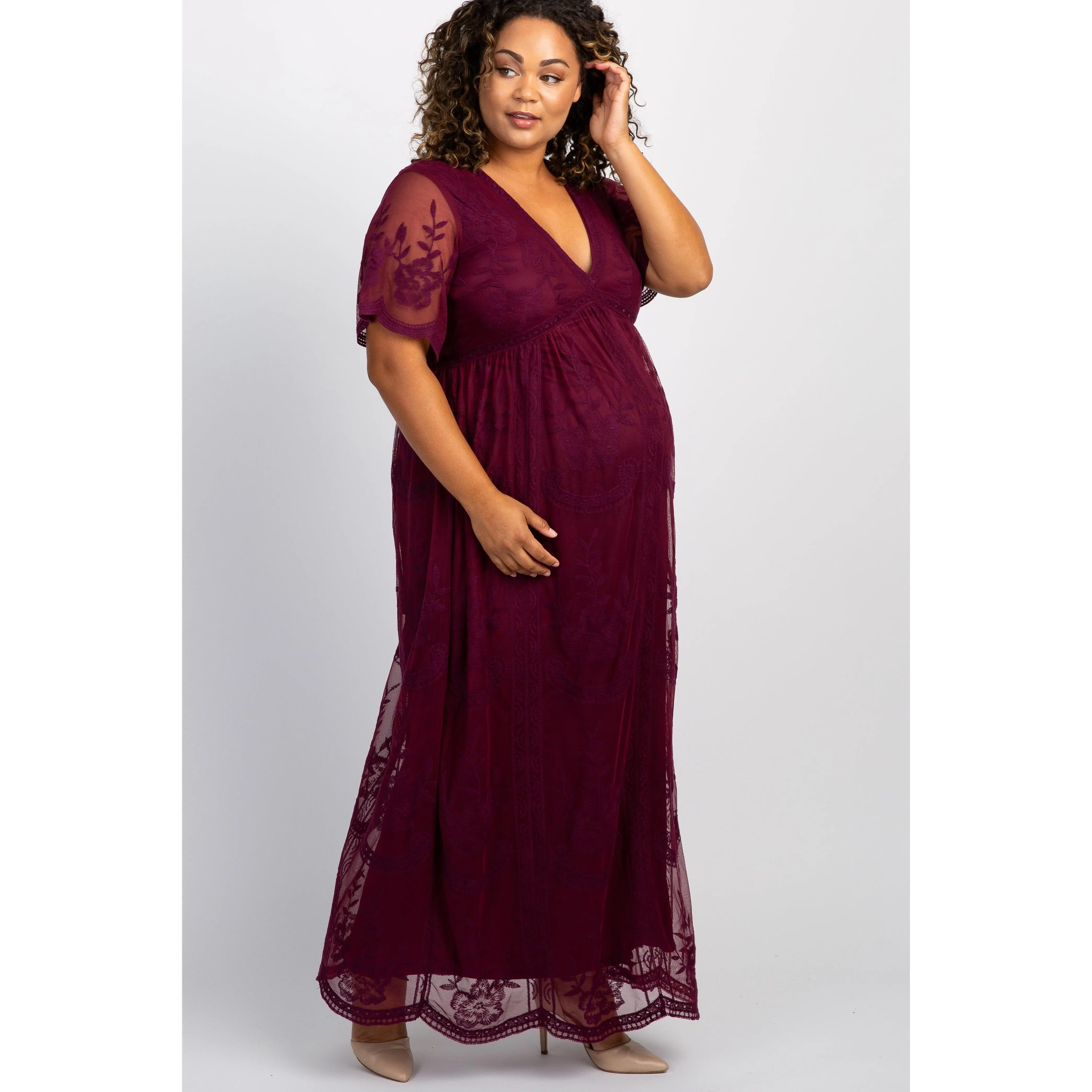 PinkBlush Burgundy Lace Mesh Overlay Plus Maternity Maxi Dress