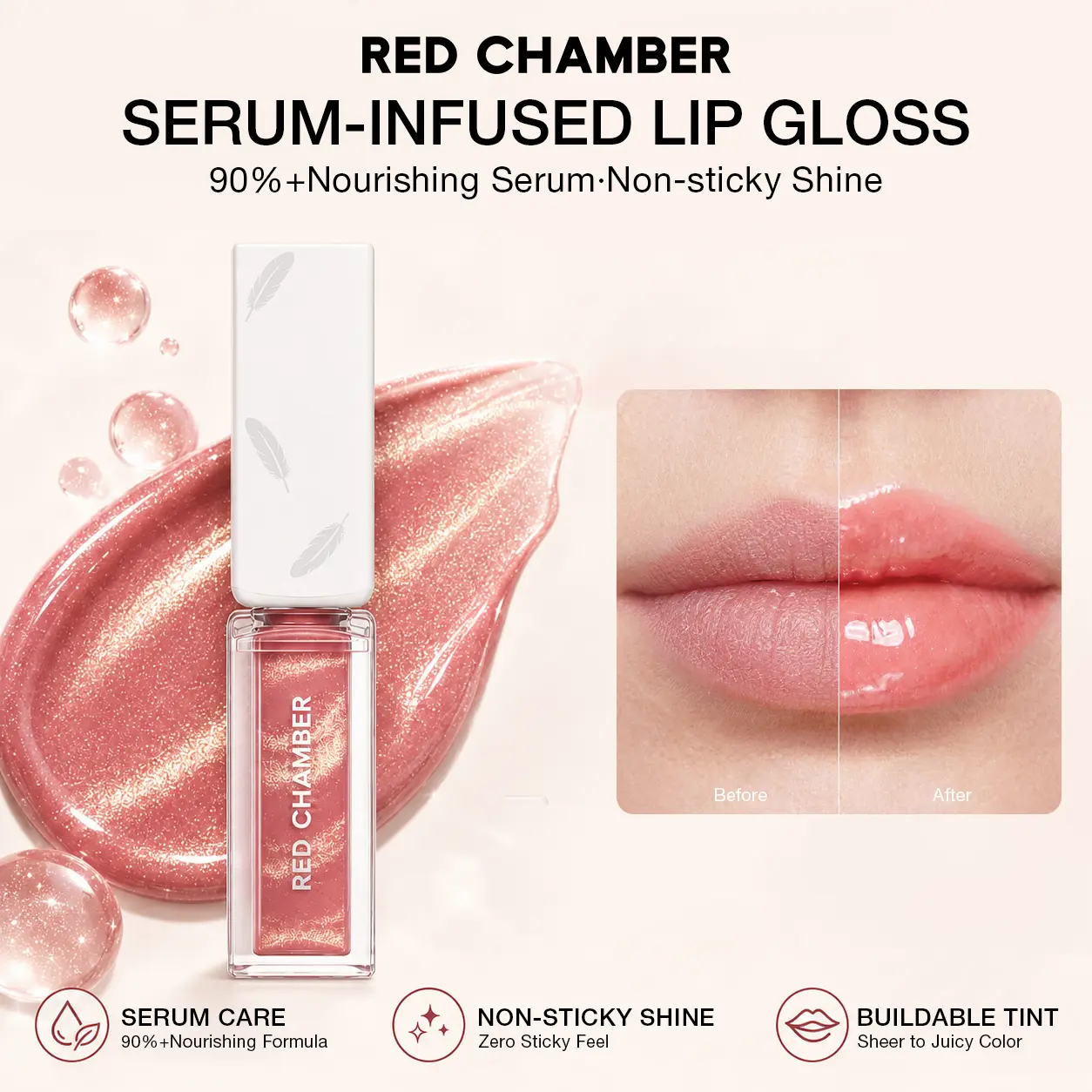 RED CHAMBER HARUKI Silken Nourish Gloss - 90%+ Nourishing Serum Tinted Lip Gloss, Non-Sticky High-Shine Dewy Finish, Hydrating Long-Lasting Lip Care, Lightweight Buildable Color for Dry Lips glossy lipgloss makeup