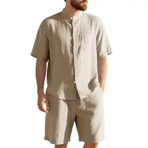 Men's 2-Piece Linen-Blend Casual Shortsleeve Summer Set - Stand Collar Button-Up Shirt, Elastic Waist Shorts, Lightweight Breathable Loungewear for Beach Trips, Vacation Beige Gamis Clothes