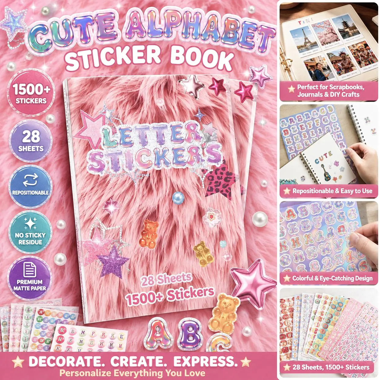 Cute Alphabet Sticker Book - 28 Sheets, 1500+ Colorful Self-Adhesive Stickers, Kawaii Korean Aesthetic Letters & Daily Life Designs for Journals, Scrapbooks, Planners & DIY Crafts