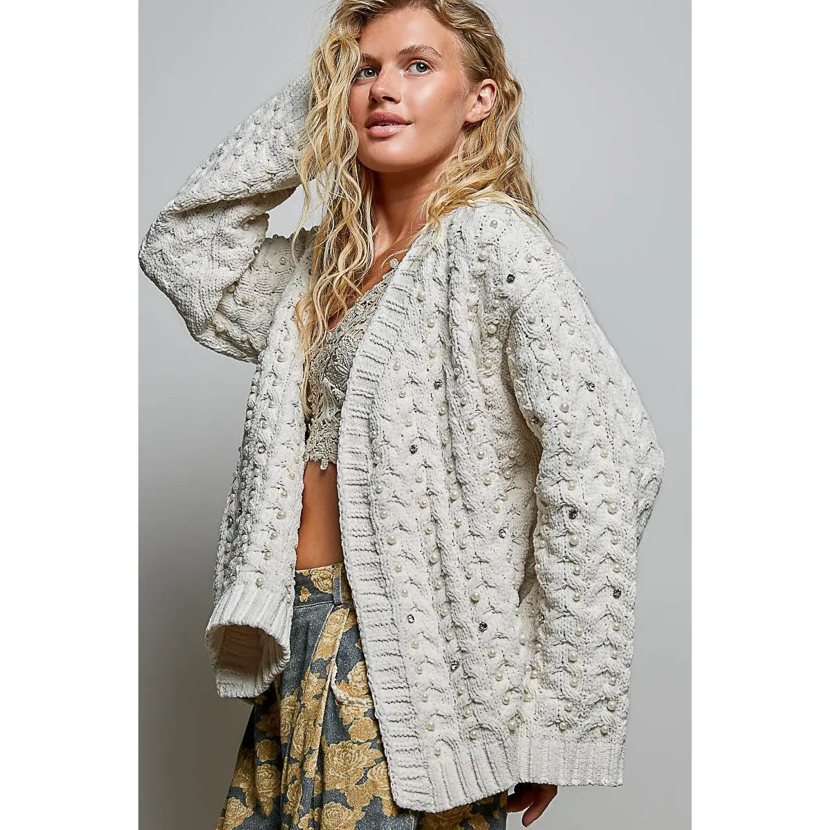 Dakota Chenille Pearl and Rhinestone Cardigan in Powder Cream