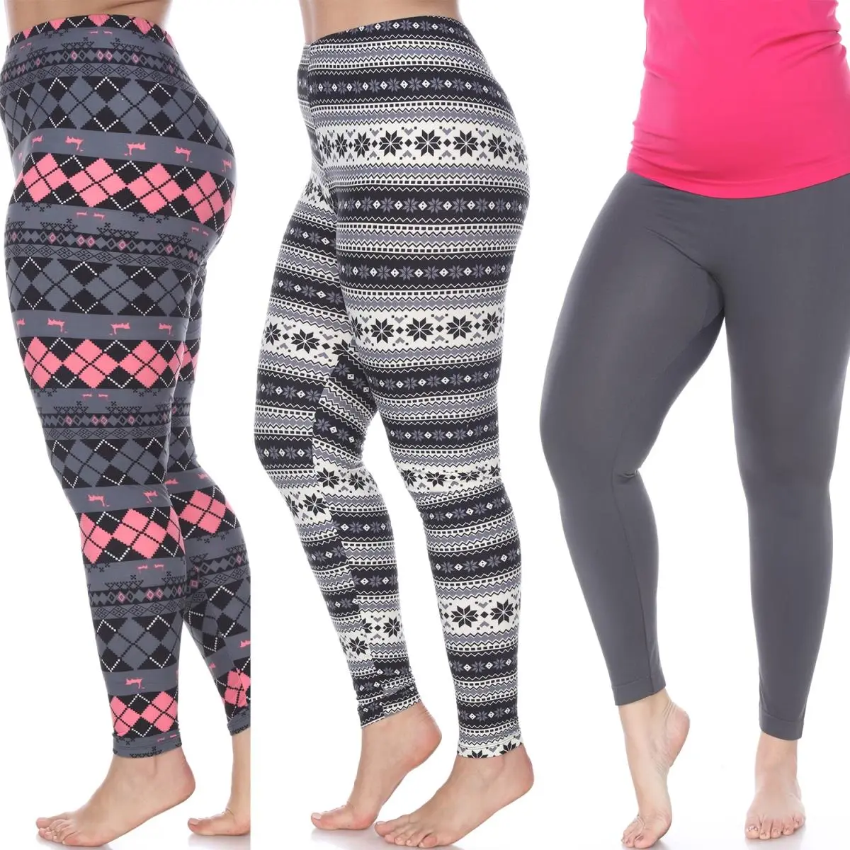 212 MAIN Women's Plus Size Polyester Spandex Leggings - 3-Pack (White, Maroon, Black), Soft Fabric, Geometric Design, Professional Sports Clothing Complement, Sporty Chic Bottoms