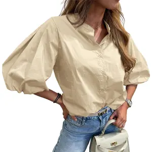 Imily Bela Womens Half Puff Sleeve Button Down Shirts Cotton Loose Fit Tops Summer Dressy Casual Blouses