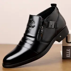 Men's Black Leather Ankle Boots – Stylish Winter & Work Boots with Zipper Slip-On Design, Comfortable Casual Boots for Men, Embossed Leather, Perfect for Winter & Daily Wear Style SpringStatements Fathersdaygift