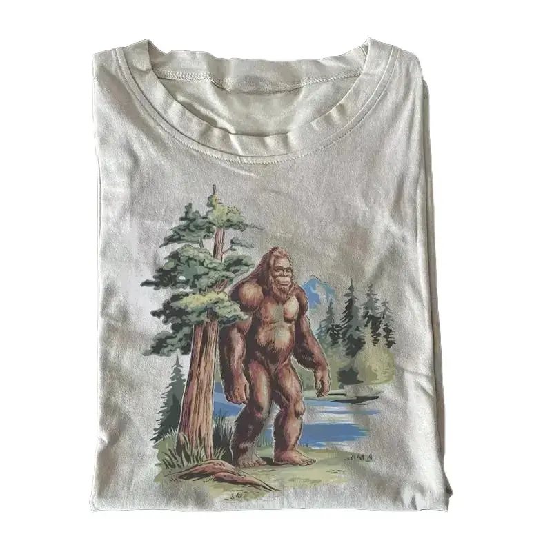 Retro Bigfoot In The Redwoods Printed Casual Fitted Short-Sleeve T-Shirt, Unisex Cotton Crewneck, 90s Funny Vintage Menswear Streetwear Top Graphic Shortsleeve