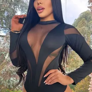 Black Body Suit with See-Thru Spots Throughout the Body 100% Colombian Sexy Long Sleeve V-Neck Bodysuit Womenswear