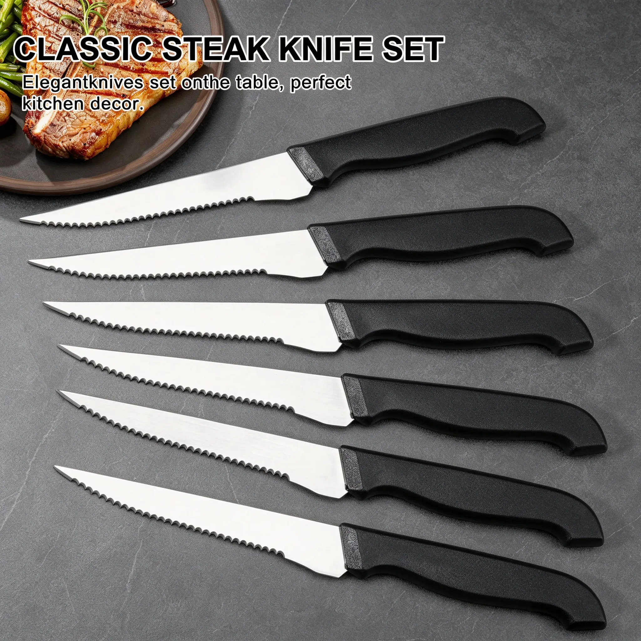 6-piece serrated steak knife set, non slip handle, stainless steel sharp blades, household dining utensils, restaurant grade knives, household knives, meat and vegetable utensils, kitchen knife set, is the preferred gift for men and women