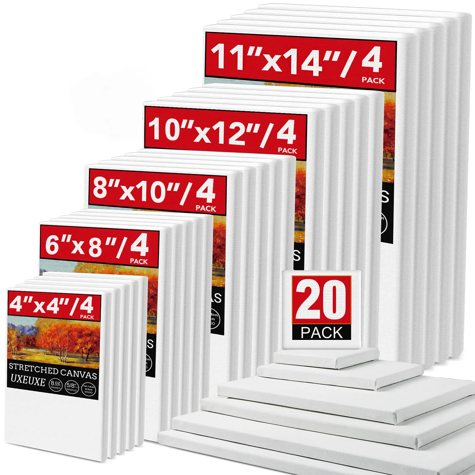 20-Pack Multi-Size Tight Painting Canvas Art Set - Art Craft Supplies, 4 Sheets Each of 11x14in,10x12in,9.44x12in,8x10in,6x8in,5x7in,4x4in, Blank Primed Surfaces for Acrylic Paint,Oil Paint, Office Stationery for Beginners