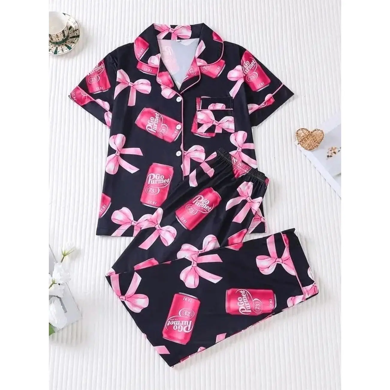 Women's Coca-Cola Print Pajama Set Short Sleeve Shirt & Pants