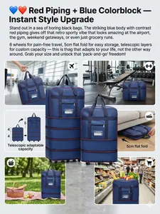 Large Capacity Foldable Travel Bag, Blue & Colorblock with Piping, Lightweight Zipper Weekender Duffel, Portable Storage Bag for Travel & Daily Use, Multifunctional Travel Bag