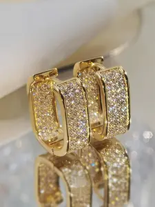 Geometric Rectangle Design Hoop Earrings, Double Sided Inlaid Rhinestone Decorative Hoop Earrings, Shiny Fashion Personalized Accessories, Wedding Anniversary Party Holiday Jewelry Gifts for Women