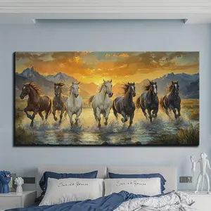 Elegant Feng Shui Seven horse canvas wall art with pine frame - waterproof, 1.5 inch thick horse decoration for sunset scenes
