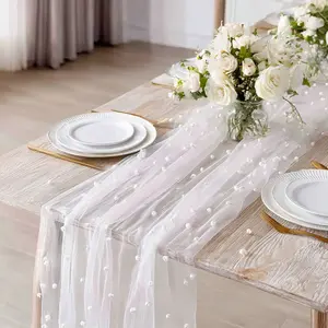1/2/3-piece pack, 30*119inch elegant white tulle table runner with pearls, suitable for decorating arches/table runners/tables/chair back ribbons/dessert tables, perfect for wedding ceremonies and holiday party decorations.