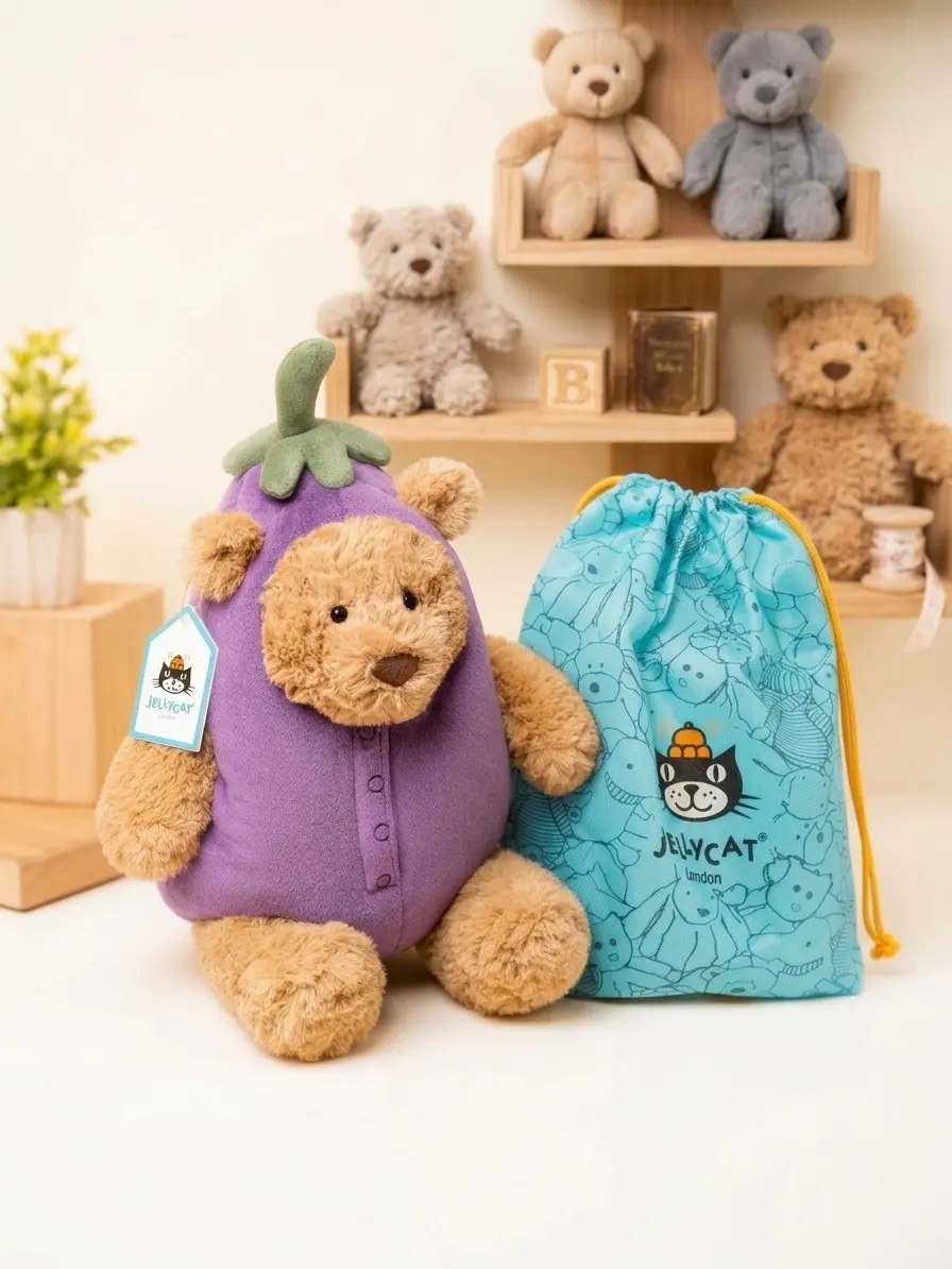 Jellycat Official Bartholomew Bear Aubergine Stuffed Animal | Ships from US | Free Jellycat Bag Included