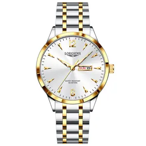 LOEGSINS Men’s Fashion Business Automatic Watch, Luminous, Waterproof, Round Dial, Day/Date Display, Simulated Subdials, Gold Design