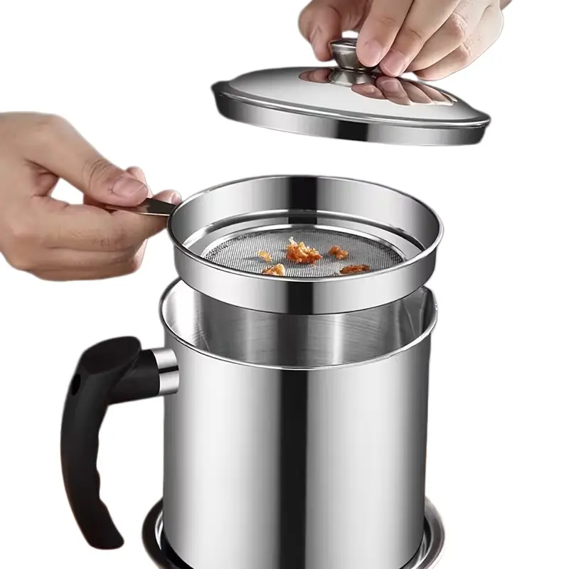 Stainless Steel Grease Container with Strainer & Easy-Pour Handle - Ideal for Cooking Oil Storage, Essential Kitchen Accessory