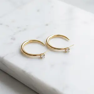 Women's Diamond-Accented C-Hoop Earrings, 14K Gold/Silver Plated Hypoallergenic Brass Hoops, Tarnish-Resistant Everyday Statement Costume Jewelry