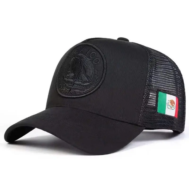 VORTEX Men's Mexico Eagle Crest Trucker Hat | Black Embroidered Round Patch Mexican Pride Cap | Breathable Summer Mesh Back Snapback