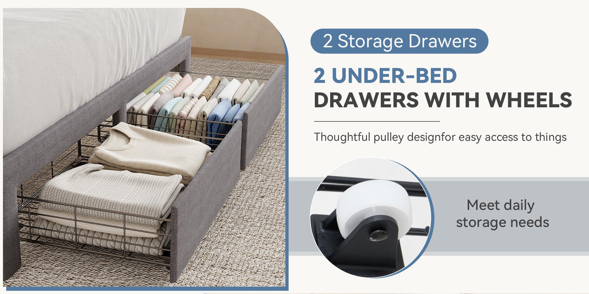 Upholstered Platform Bed Frame with Storage, Full Size Bed Frame with 2 Metal Baskets & Fabric Headboard, Wooden Slats Support, No Box Spring Needed, Easy Assembly, Bedroom Furniture