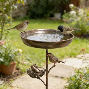 Country Style Cast Iron Bird Bath with Nest and Figurine, Bird Sculpture Included, Vintage Metal Base Outdoor Garden Decor, Garden Accessories, Antique Copper Finish, Weather Resistant