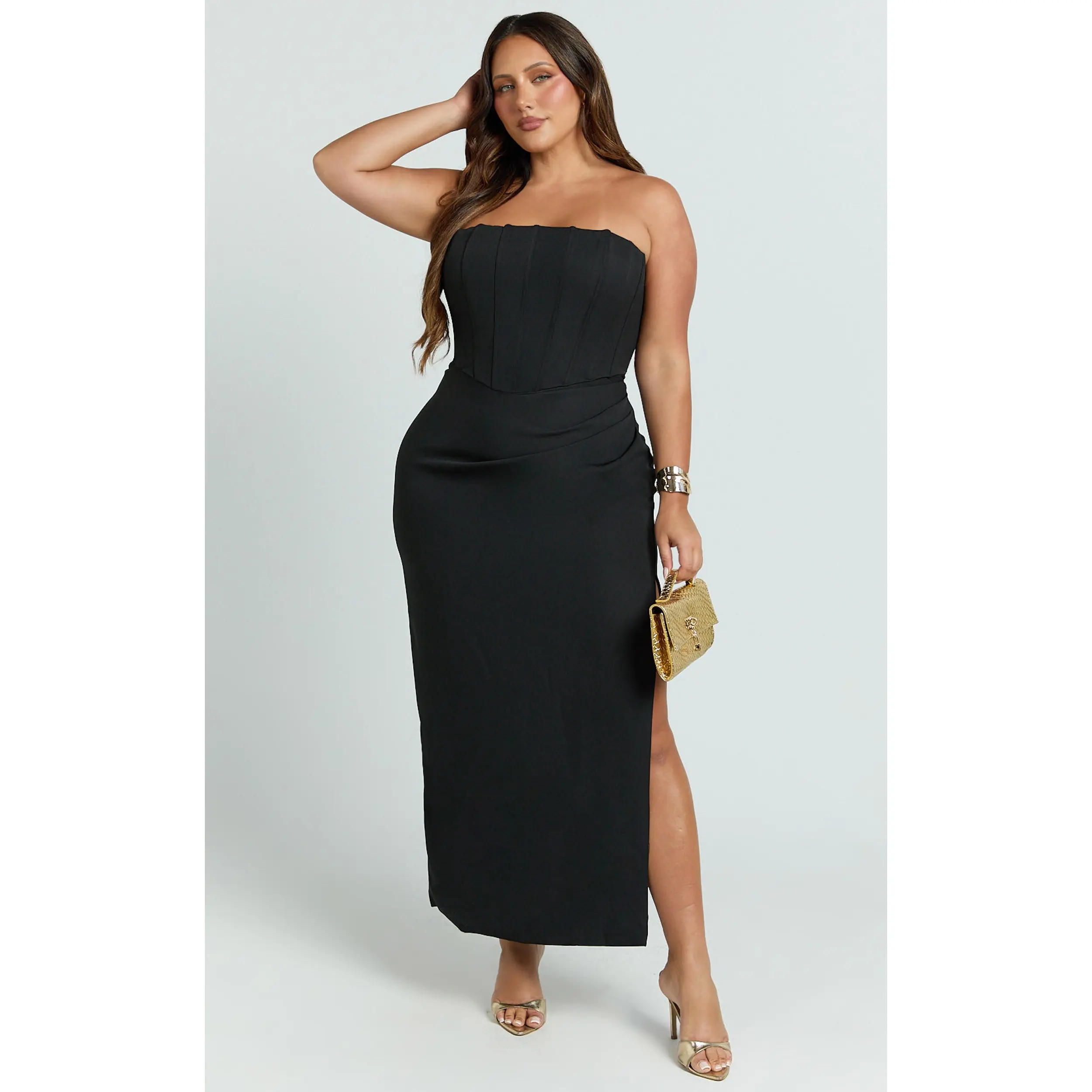 Avery Midi Dress - Strapless Draped Side Split Dress in Black