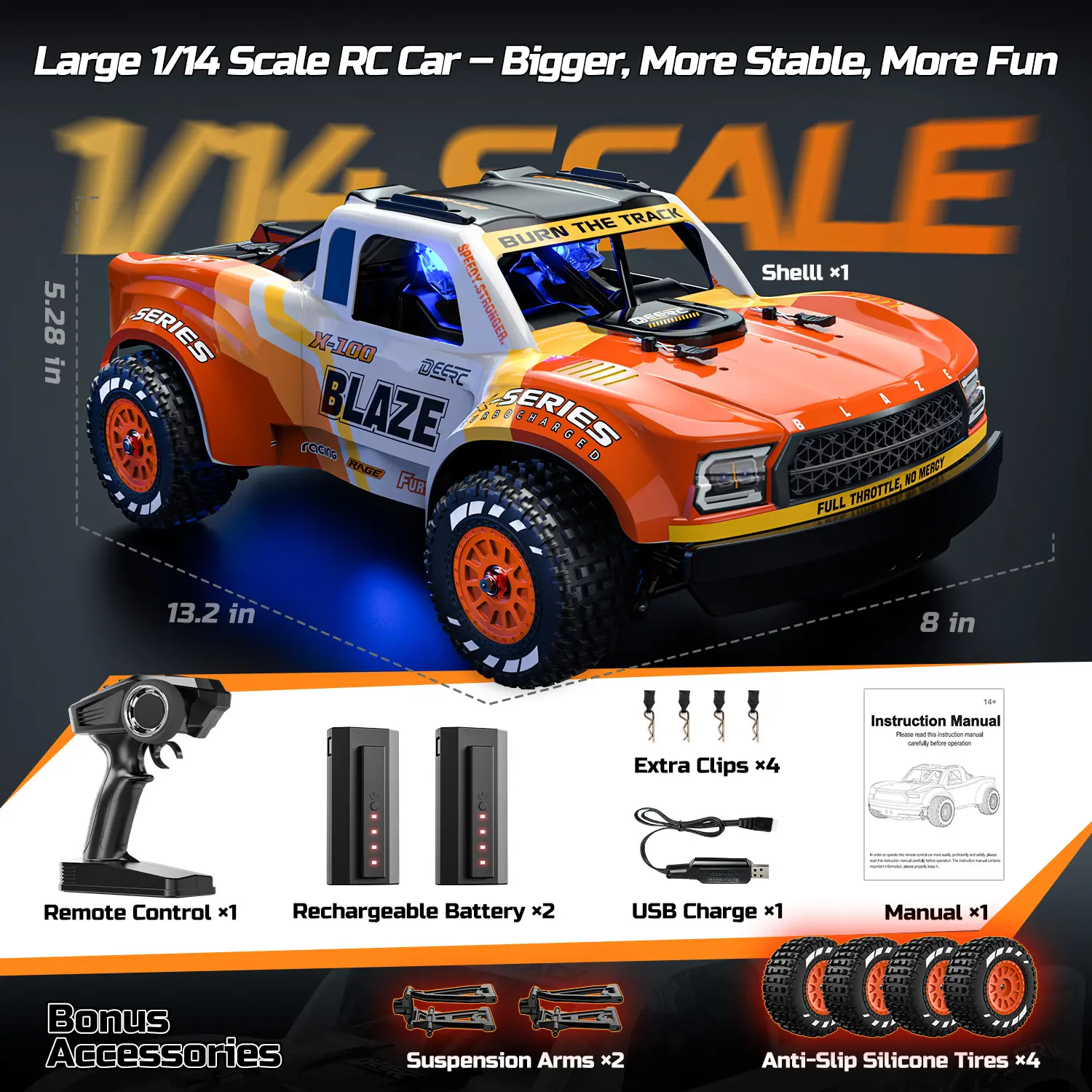 DEERC 1205 1/14 Brushless RC Car for Adults,Max 43 mph,High Speed Electric 4x4 Off-Road RC Truck, Waterproof Monster Truggy, All Terrain Fast Remote Control Drift Car for Boys 8-12, 3S Lipo Compatible