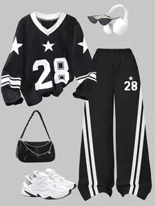 Girls' Fashion Set, Y2K Street Style, Number and Letter Print, Long Sleeve T-Shirt and Wide Leg Pants, Summer and Fall Wear, Ages 10-12, Clothes, Summer Outfits Set