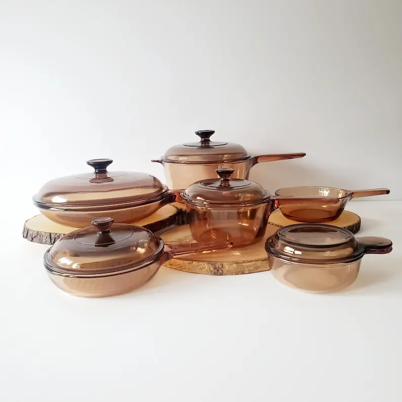 Vintage Corning Visions Glass Cookware Visionware Amber Brown 11 Pieces Visions Saucepans Skillets Pots Pans + Lids