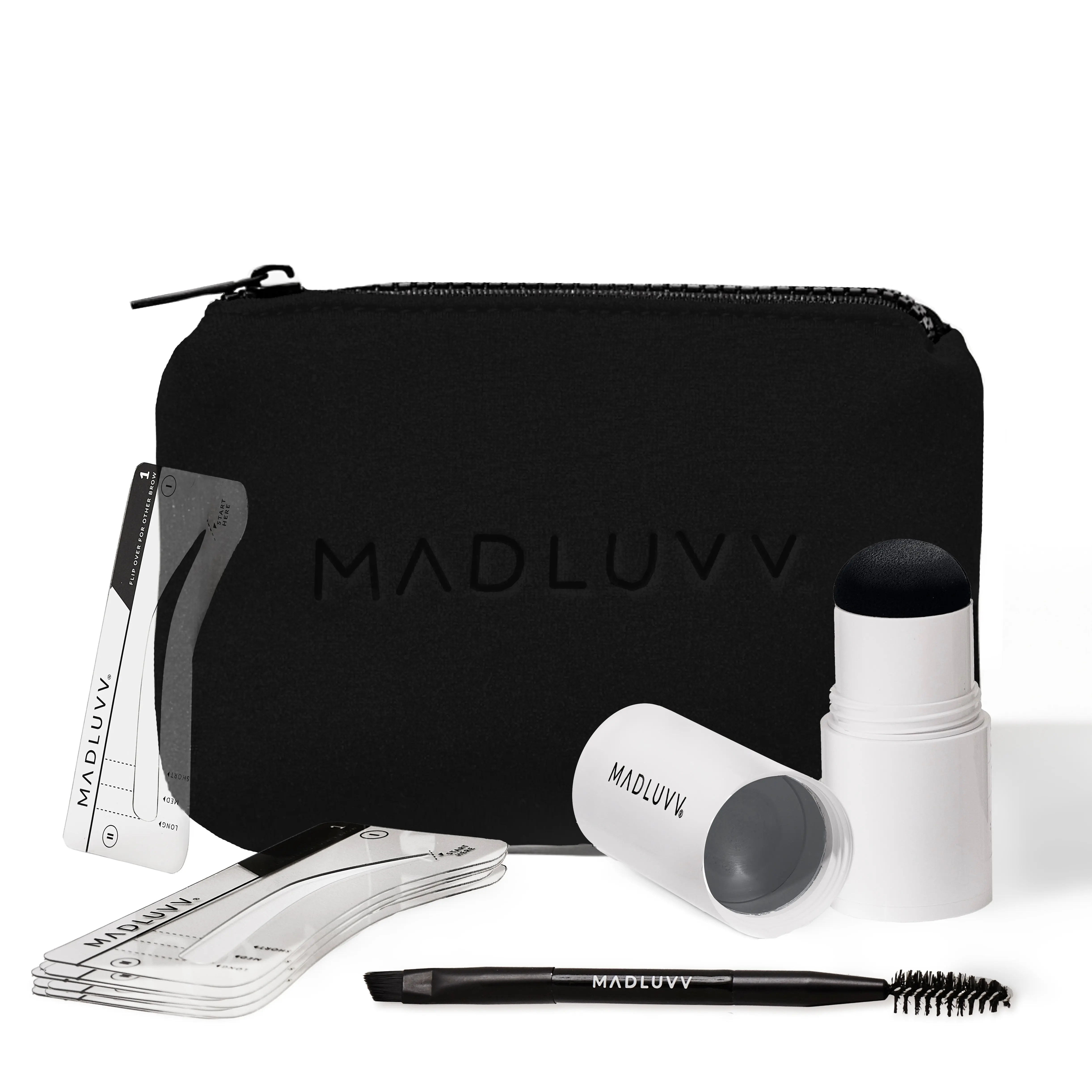 MADLUVV Dark Grey Brow Stamp Kit - Waterproof Eyebrow Makeup Tool & 9 Stencils for Deep Grey and Salt-and-Pepper Hair