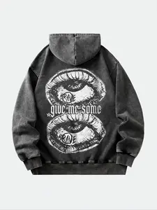 Fashion Eye Pattern Washed Vintage Snowflake Gothic Style Hoodie, Long Sleeve Pullover Sweatshirts, Casual Loose-Fitting Letter Print, All Seasons Wear, Men's Streetwear Menswear