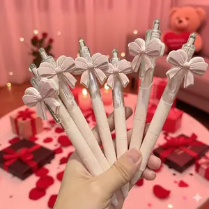 3/6/12pcs Pink Bow & Heart-Shaped Pen Set - Pastel Pink & Tip Refillable Ballpoint Pens, Writing Pens, with Bow & Heart Design, Durable Plastic Party Favors for Weddings, Birthday, Christmas - Ideal Gift For Women, Princess Theme Office Supplies