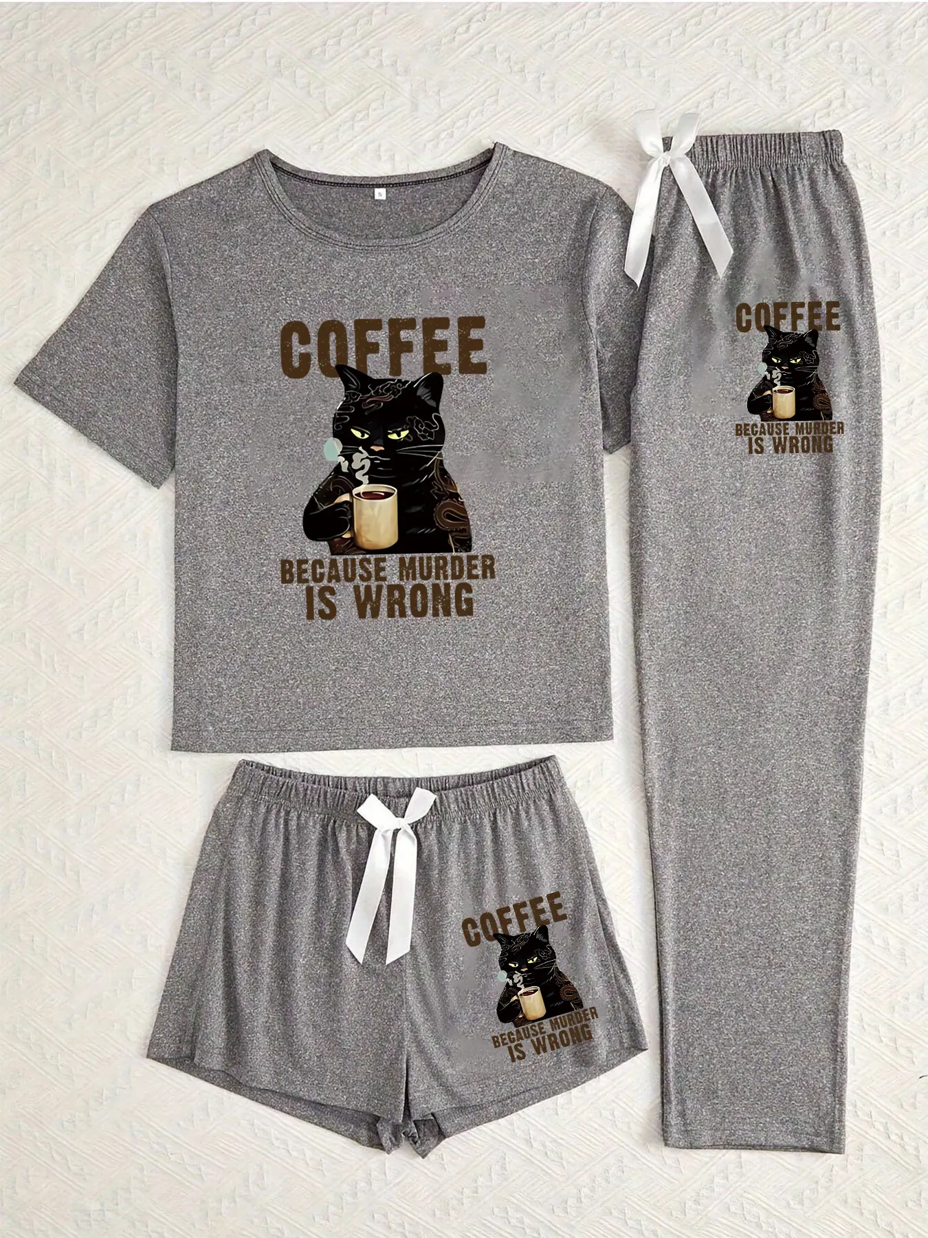 Women's Cartoon Cat Print Pajama Set, 3 Piece Sleepwear Collection, Casual Fitted Nightwear for All Seasons, Comfortable Lounge Wear, Loungewear