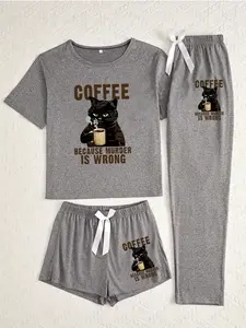 Women's Cartoon Cat Print Pajama Set, 3 Piece Sleepwear Collection, Casual Fitted Nightwear for All Seasons, Comfortable Lounge Wear, Loungewear