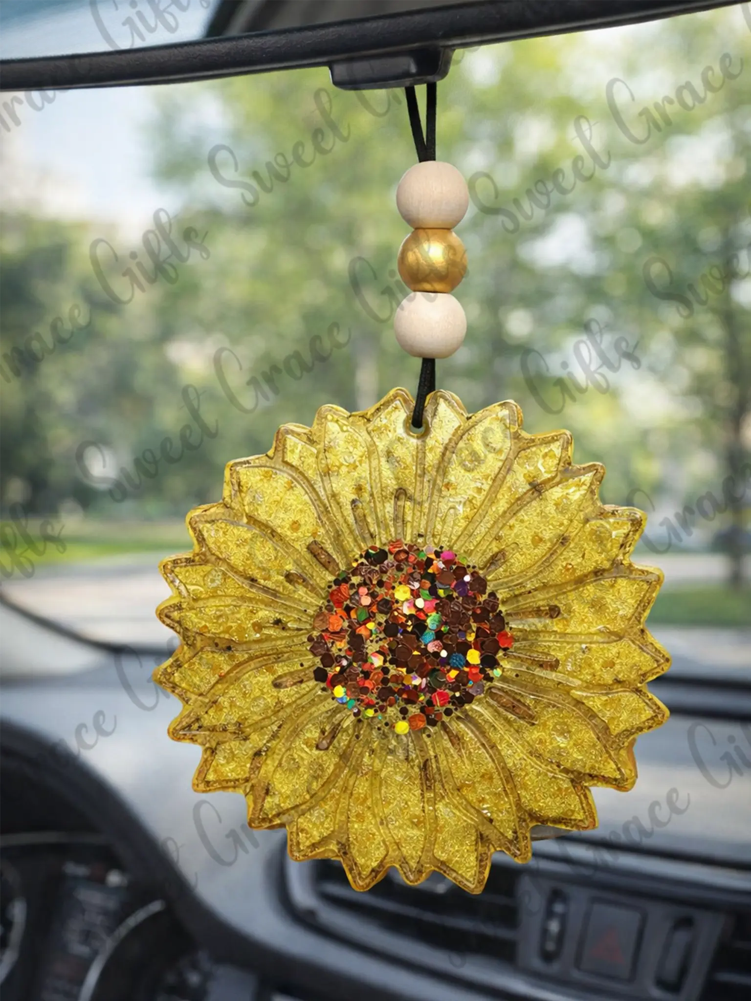 sweetgracebyRW Handmade Sunflower Shape Aroma Bead Freshie Car Freshener - Elastic Cord, Floral Hanging Charm, Long-Lasting Unique Look, Car Interior Accessory, Thoughtful Gift for Flowers-Loving Users, Suitable for Closets, Bathrooms, Kids’ Rooms, Whole,