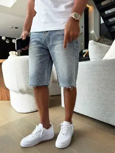 Men's Light Blue Light Wash Rhinestone-Embellished Denim Jorts, S Fits W32, S-W32 to XXL-W40, Loose Fit Non-Stretch Y2K Streetwear Casual Shorts Menswear Jean