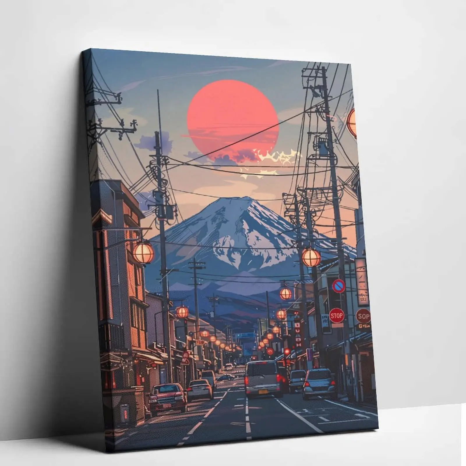 Retro Japanese Artistic Mount Fuji Canvas Print, Unframed Lo-Fi Sunset Street Poster, Unique Room Decor for Bedroom Wall Decoration (Home Decor Supplies), Otaku Style