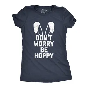 Womens Don't Worry Be Hoppy T Shirt Funny Easter Bunny Tee Funny Womens T Shirts Cute Vintage Fashion Casual Ladies T-Shirt Gift Easter Tops for Women Women's Novelty Tees Navy