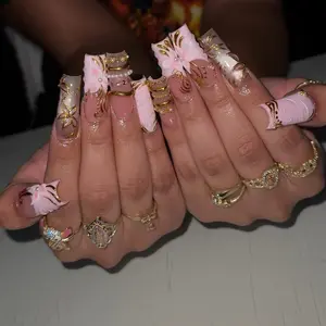 Handmade 3D Floral Press On Nails, Gold Charm Nail Art