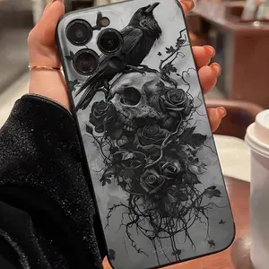 Anti-Drop Shockproof Protective Full Coverage Phone Case Protector for iPhone Models 6-16 Pro Max, Rose Skull Raven Design, Cellphone, Smartphone, Accessories, Ideal Gift for Women & Teens, Casing, Protection